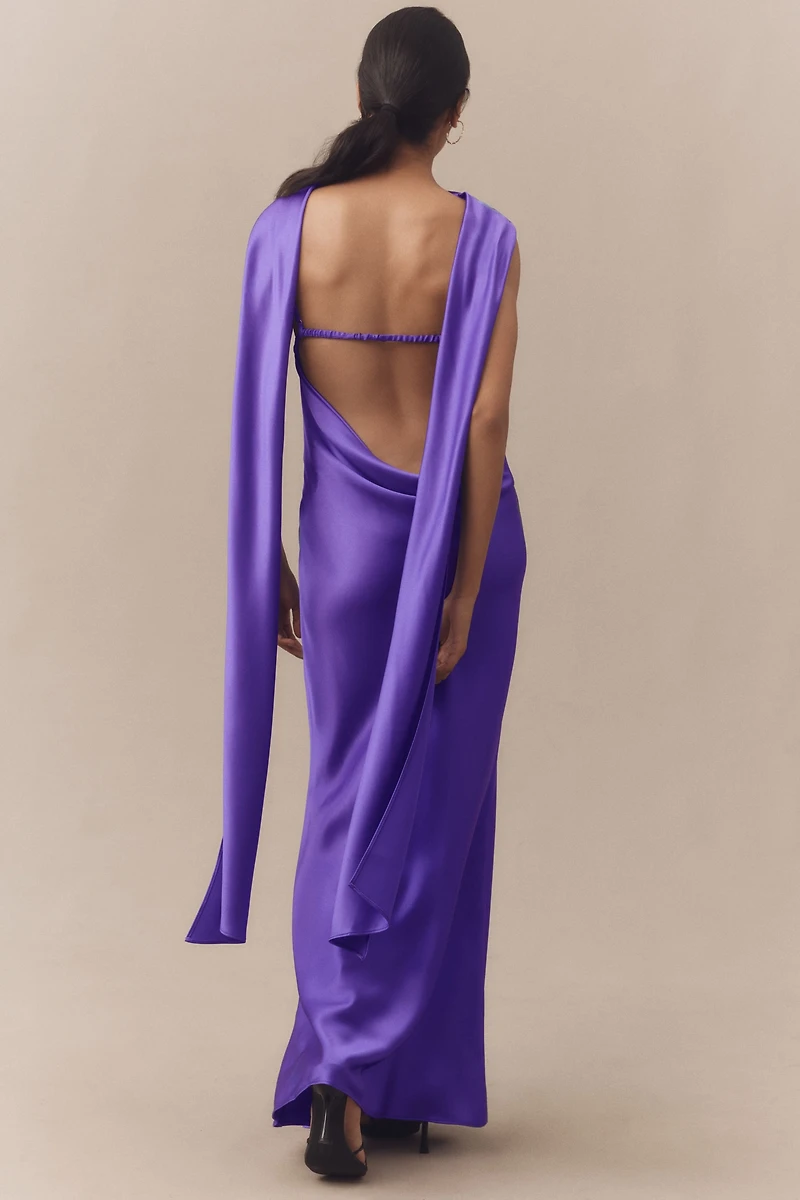 Acler Fleeden Draped Low-Back Satin Maxi Dress