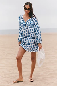 Maeve Long-Sleeve Tie-Neck Mini Kaftan