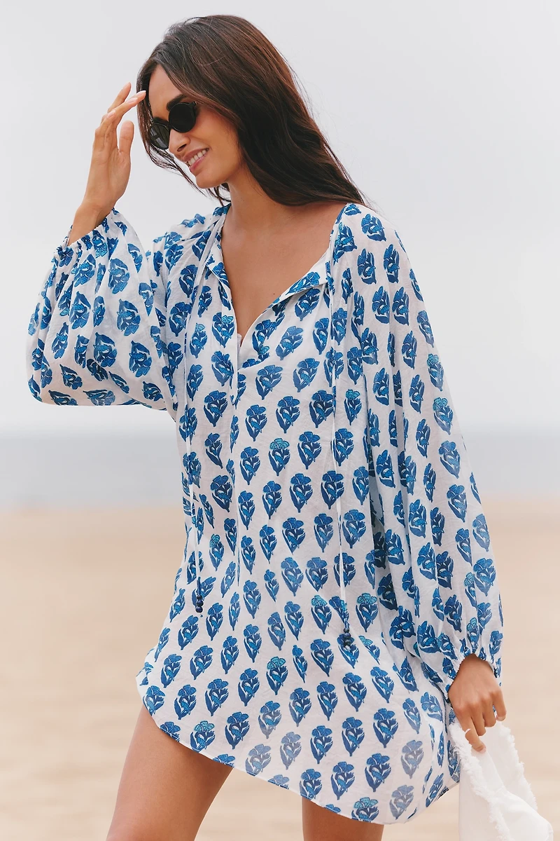 Maeve Long-Sleeve Tie-Neck Mini Kaftan