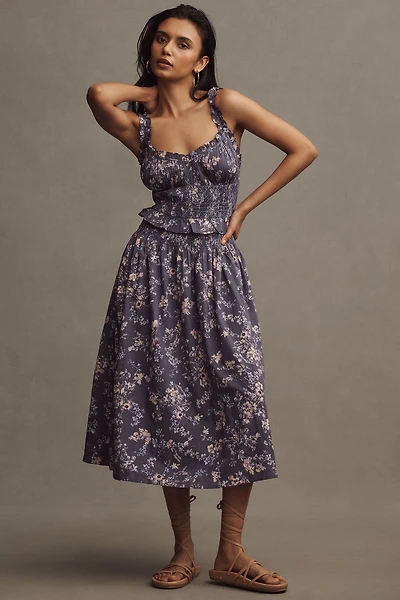 Sleeveless Smocked-Waist Ruffled Midi Dress