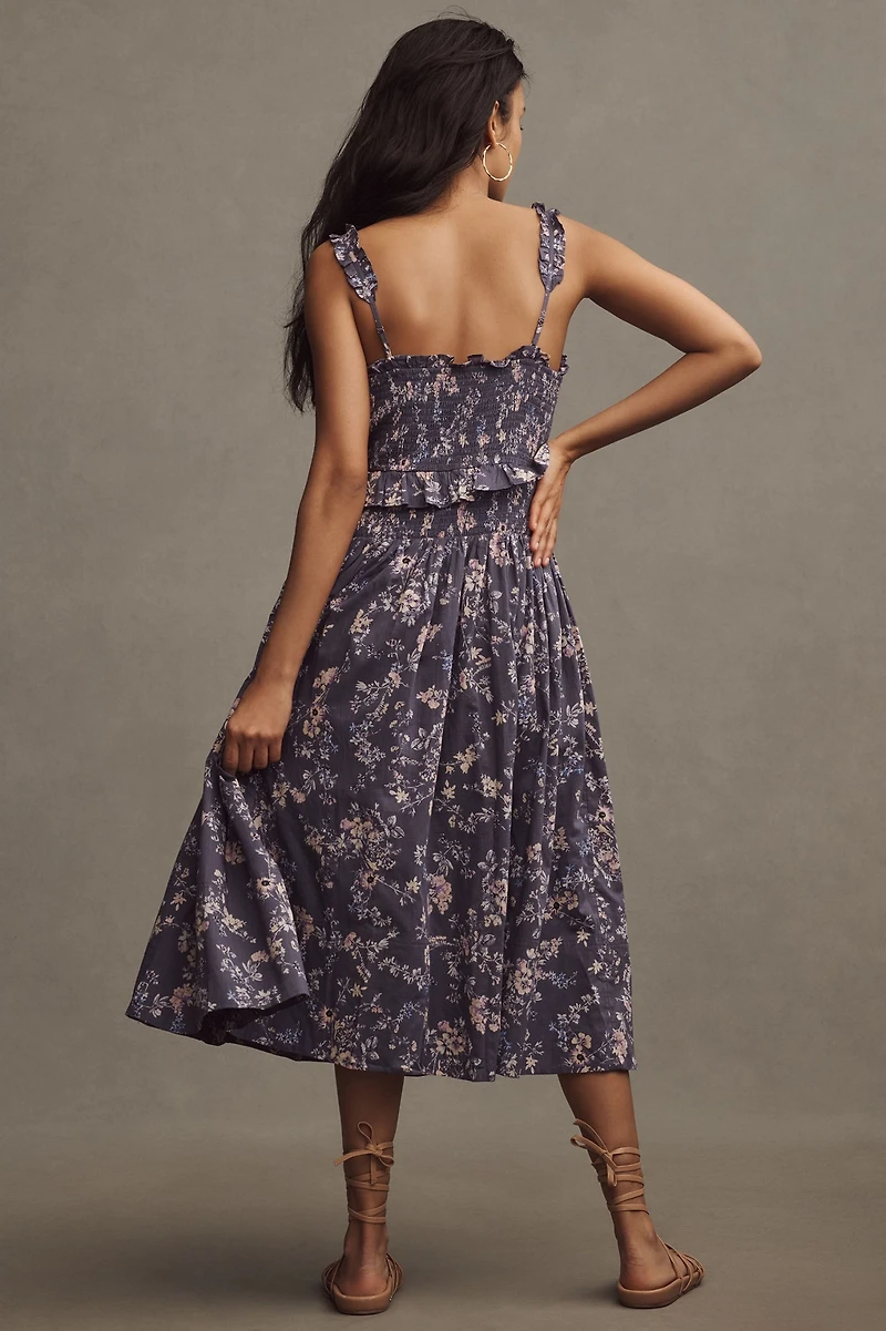 Sleeveless Smocked-Waist Ruffled Midi Dress