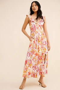 BHLDN Aubree Sleeveless Linen Floral Fit & Flare Maxi Dress