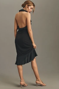 Halter Ruffle Asymmetrical Midi Dress