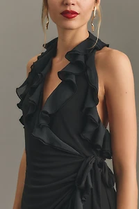 Halter Ruffle Asymmetrical Midi Dress