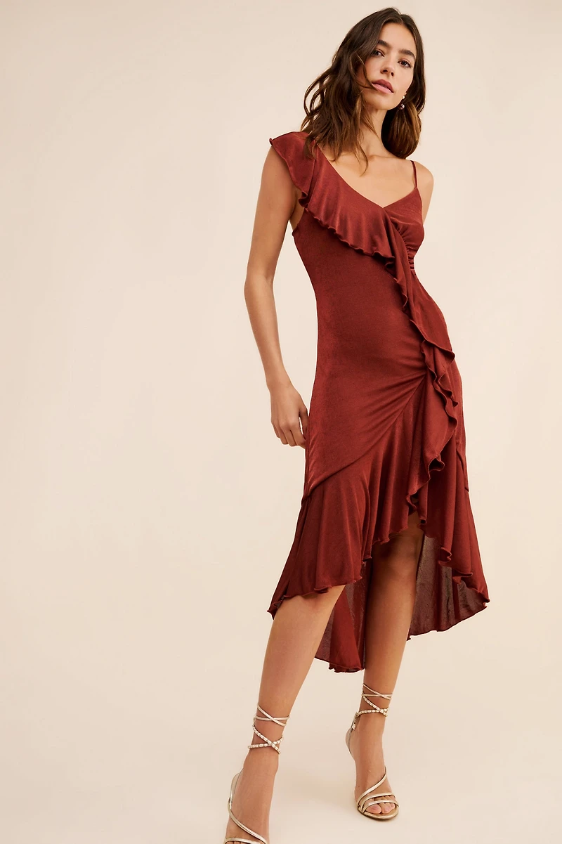 One-Shoulder Ruffled High-Low Midi Dress