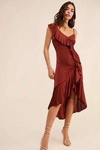 One-Shoulder Ruffled High-Low Midi Dress