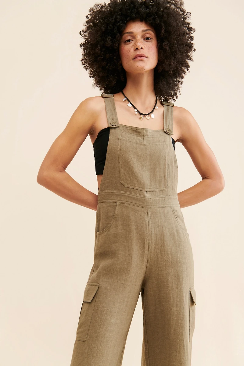 Flat White Linen Cargo Overalls