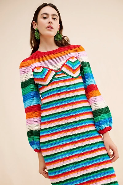 FARM Rio Colorful Stripes Crochet Midi Dress