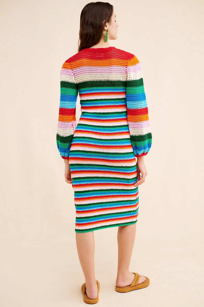 FARM Rio Colorful Stripes Crochet Midi Dress