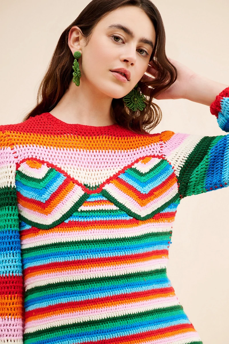 FARM Rio Colorful Stripes Crochet Midi Dress