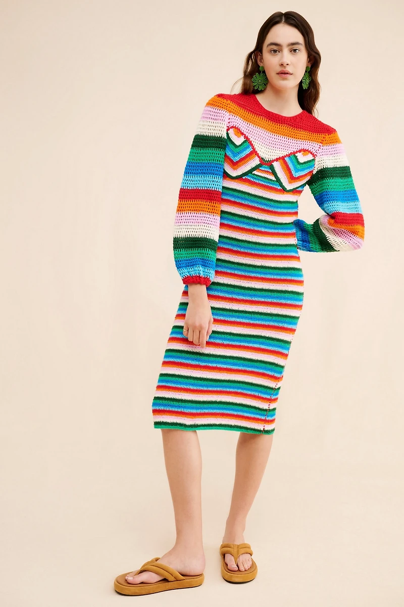 FARM Rio Colorful Stripes Crochet Midi Dress
