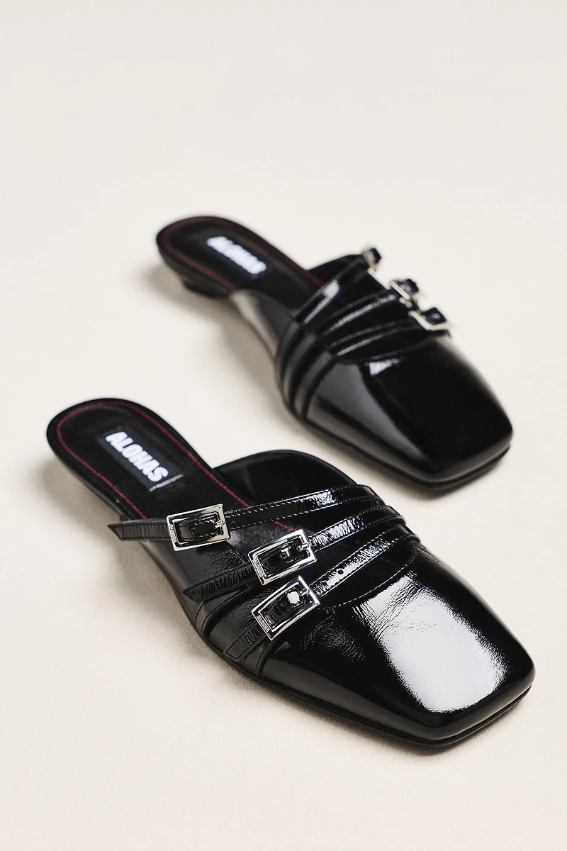 ALOHAS Penelope Onix Black Leather Kitten-Heel Mules