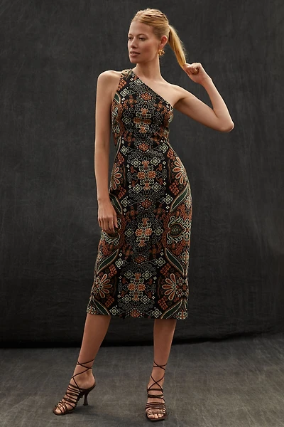 One Shoulder Jacquard Midi Dress