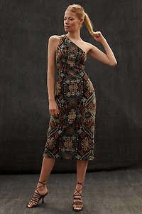 One Shoulder Jacquard Midi Dress