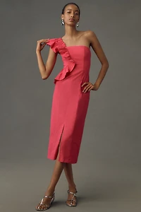 One-Shoulder Ruffle Linen Column Midi Dress