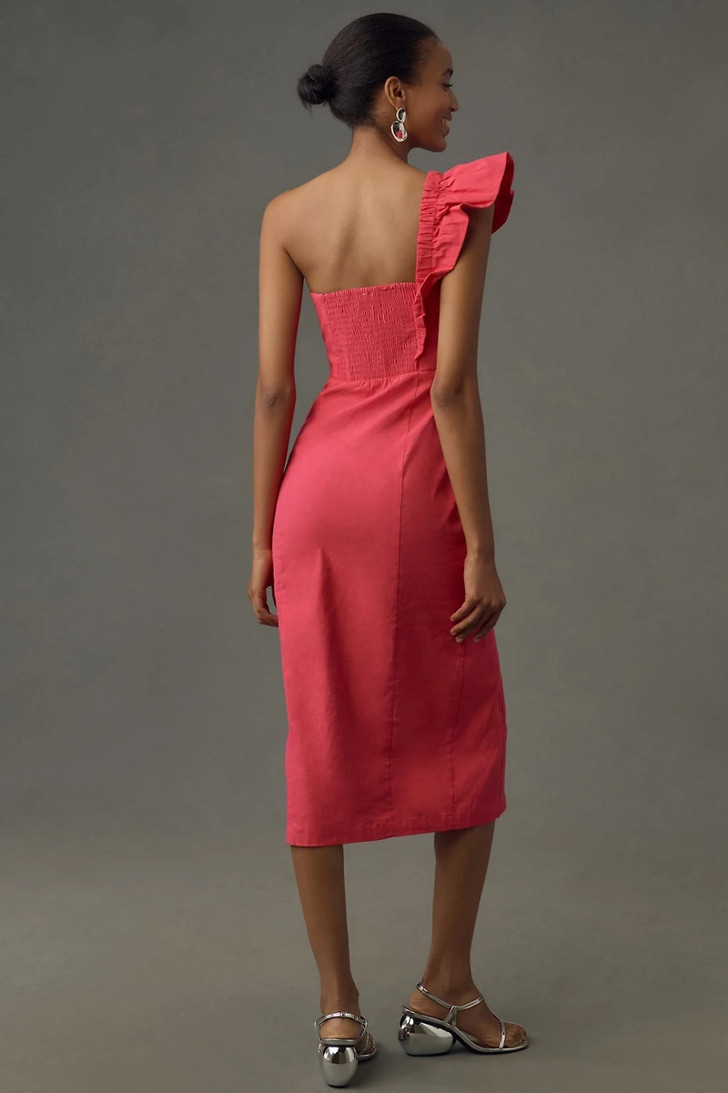 One-Shoulder Ruffle Linen Column Midi Dress
