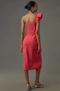One-Shoulder Ruffle Linen Column Midi Dress