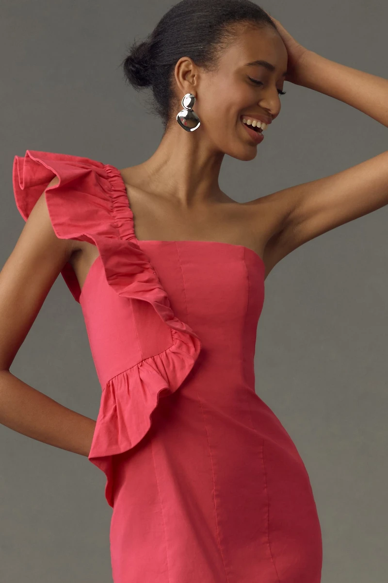 One-Shoulder Ruffle Linen Column Midi Dress