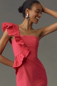 One-Shoulder Ruffle Linen Column Midi Dress