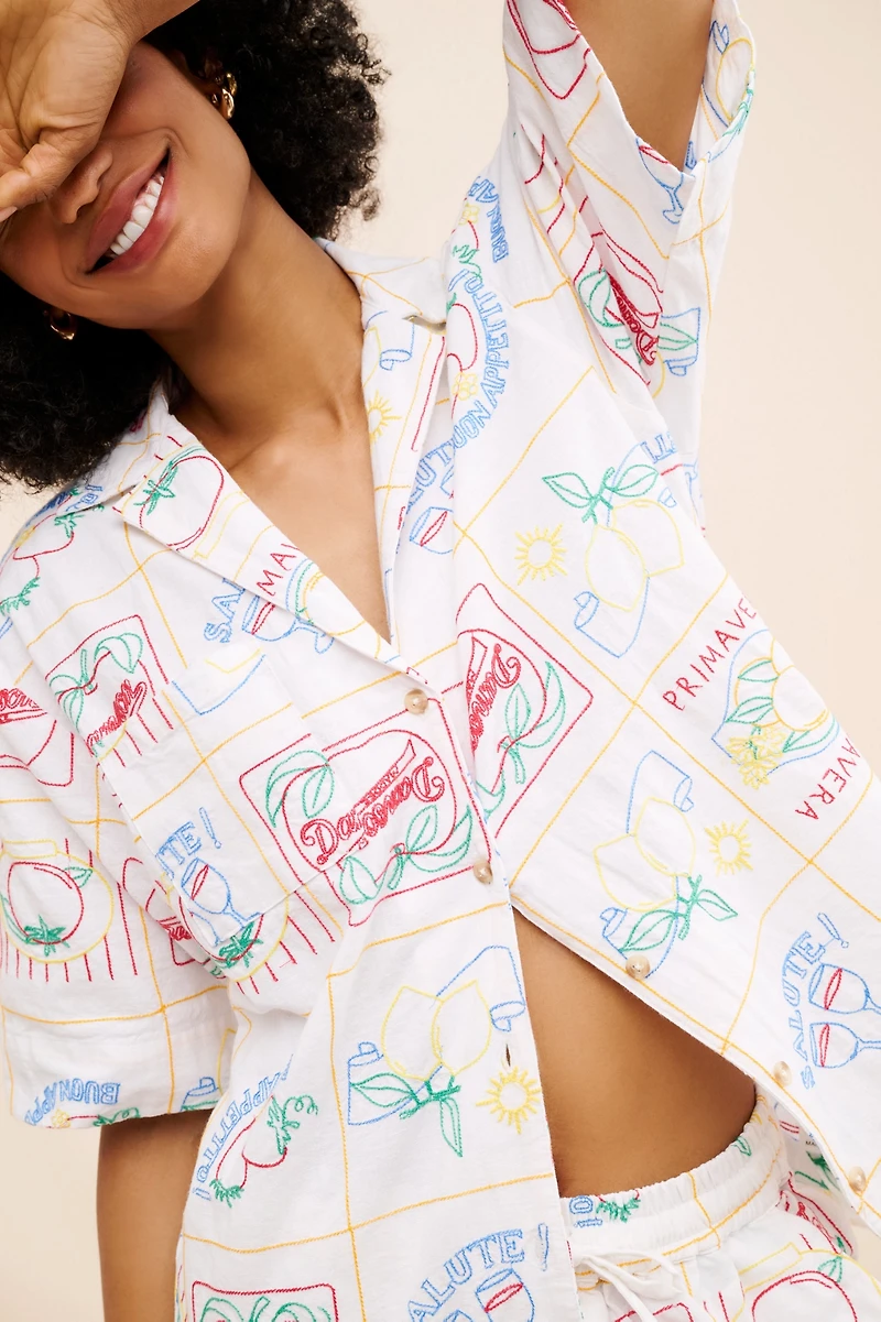 Damson Madder Buon Appetito Linen Blend Embroidered Shirt