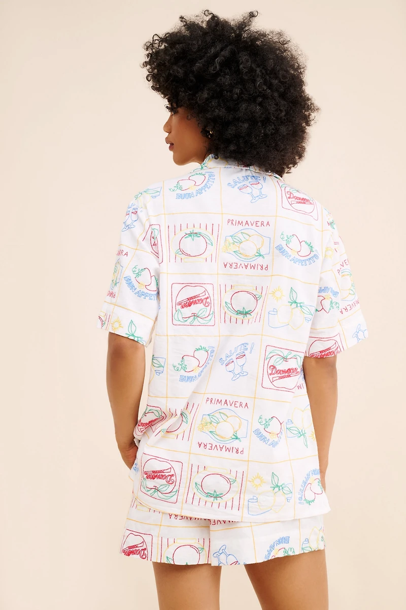 Damson Madder Buon Appetito Linen Blend Embroidered Shirt