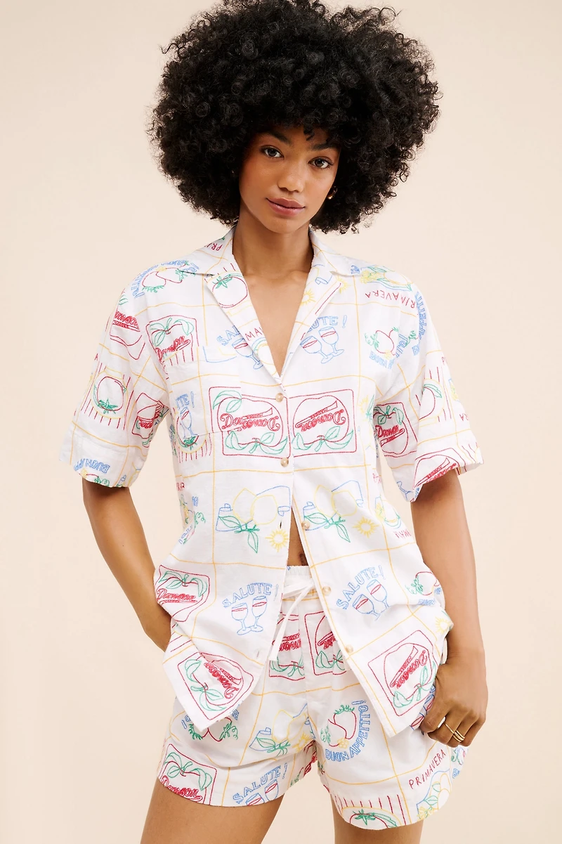 Damson Madder Buon Appetito Linen Blend Embroidered Shirt