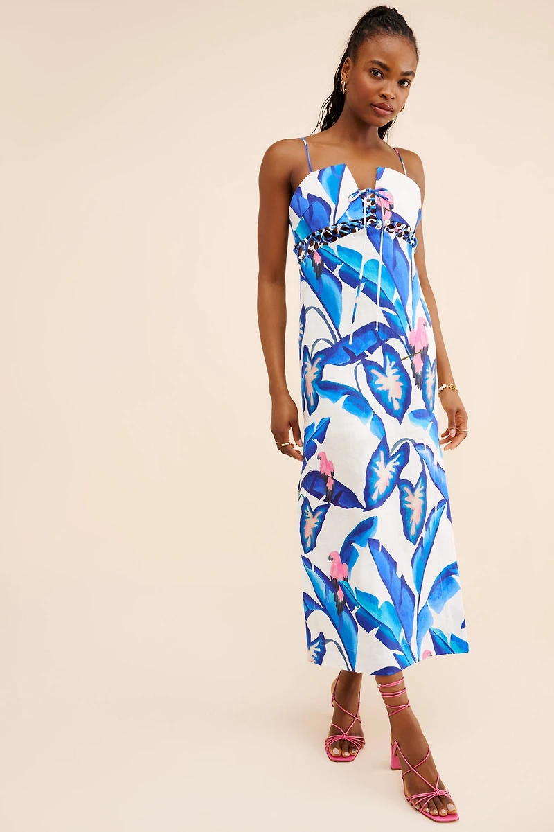FARM Rio Linen Foliage Midi Dress