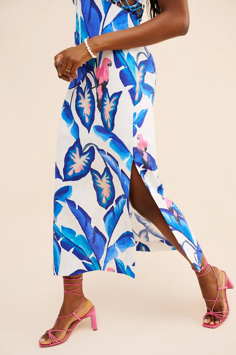 FARM Rio Linen Foliage Midi Dress