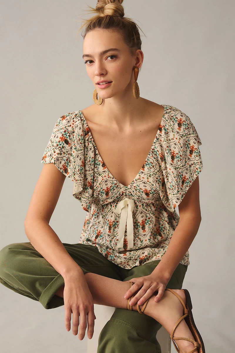 Deep-V Flutter-Sleeve Sweater Top
