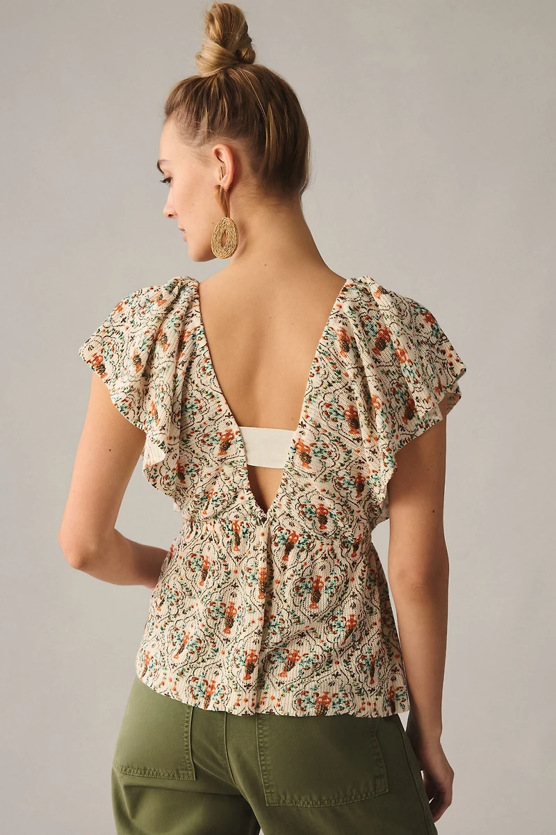 Deep-V Flutter-Sleeve Sweater Top