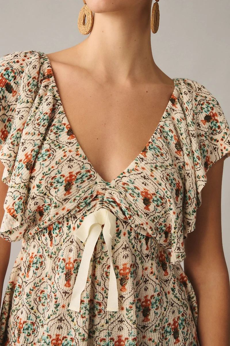 Deep-V Flutter-Sleeve Sweater Top
