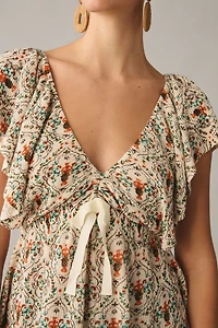 Deep-V Flutter-Sleeve Sweater Top