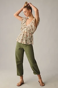 Deep-V Flutter-Sleeve Sweater Top