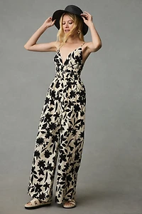 Moon River Printed Smocked-Waist Jumpsuit