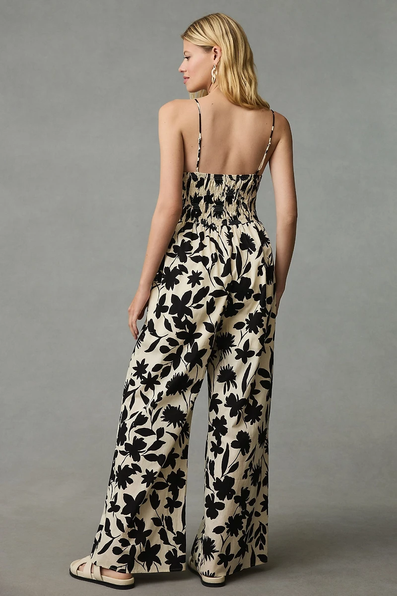 Moon River Printed Smocked-Waist Jumpsuit