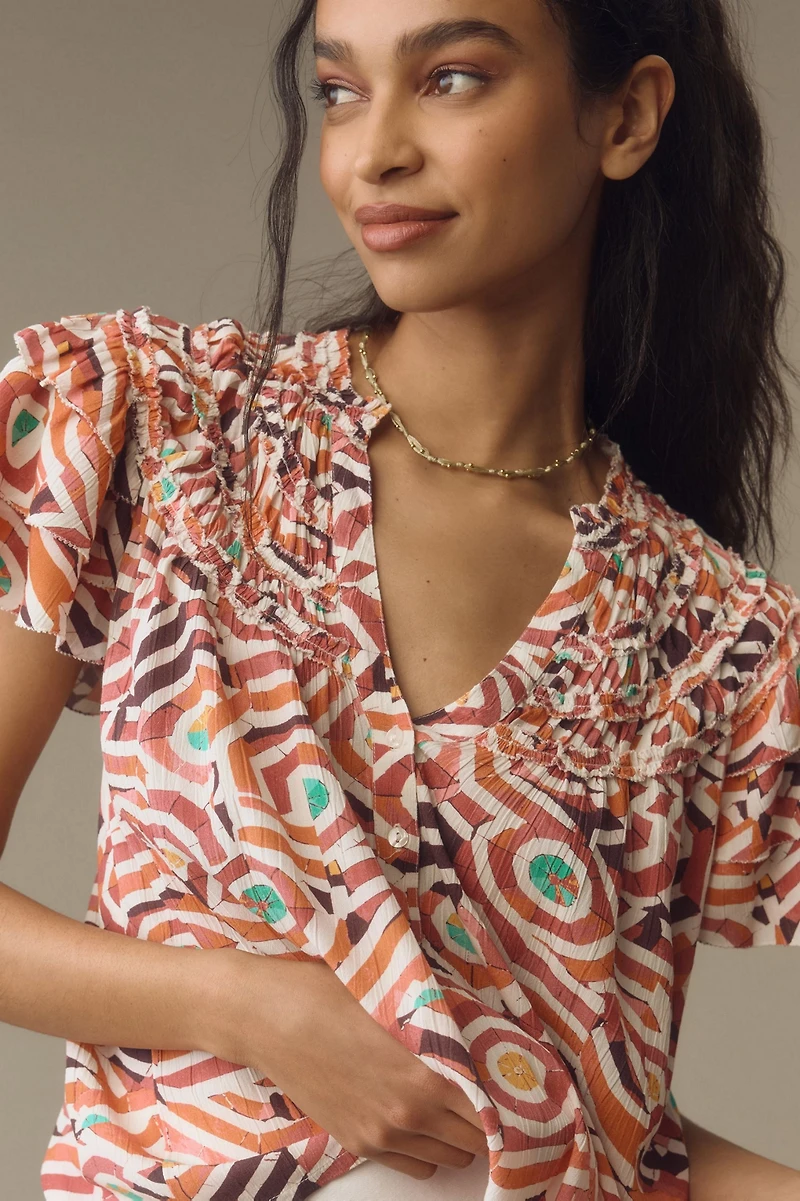 Maeve Short-Sleeve Ruffle Yoke Blouse