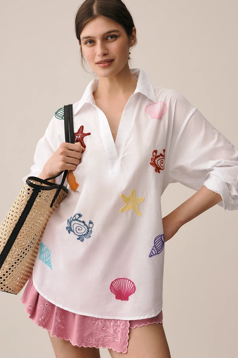 Romi Basha Long-Sleeve Embroidered Seashell Tunic Top