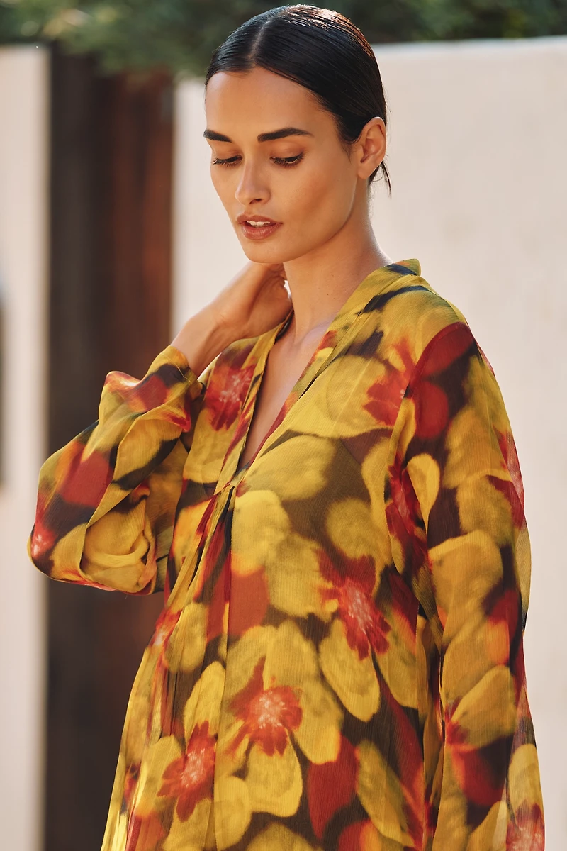 Chan Luu Long-Sleeve Floral Silk Kaftan