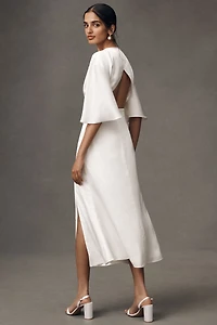 BHLDN Short-Sleeve Crew-Neck Side-Slit Satin Midi Dress