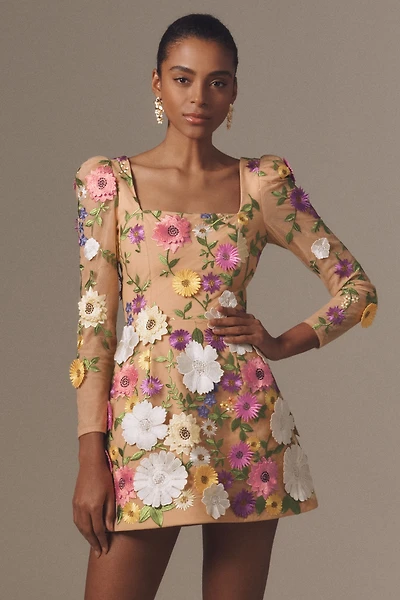 Helsi Ellen Puff-Sleeve 3D Floral A-Line Mini Dress