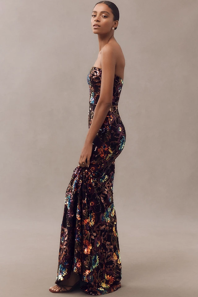 open lace back dress Sassafras Beaded Flower Strapless Maxi Dress