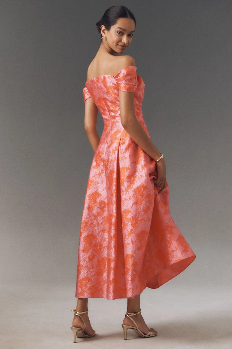 Shoshanna Tropez Off-The-Shoulder Jacquard A-Line Midi Dress