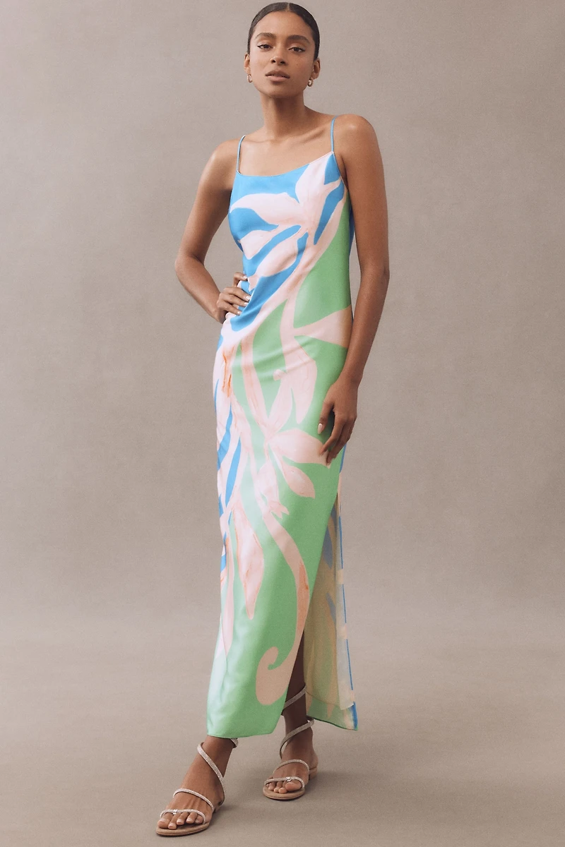 Milly Lily Floral Vine Sleeveless Satin Slip Maxi Dress