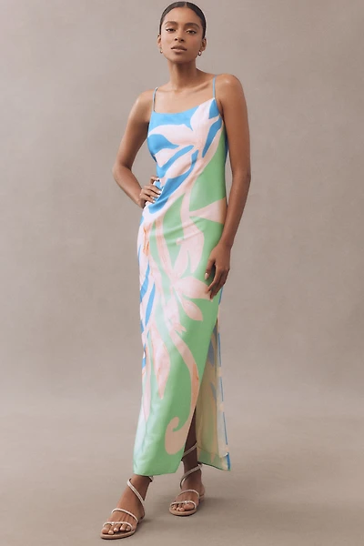 Milly Lily Floral Vine Sleeveless Satin Slip Maxi Dress