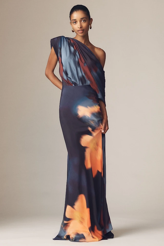 navy blue dress for baby girl Sisters. Angelina Asymmetric Draped One-Shoulder Maxi Dress