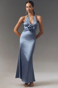 Mac Duggal Halter Rosette Satin Slip Maxi Dress