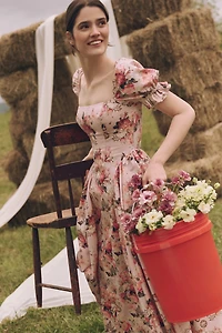 Mare Square-Neck Puff-Sleeve A-Line Midi Dress