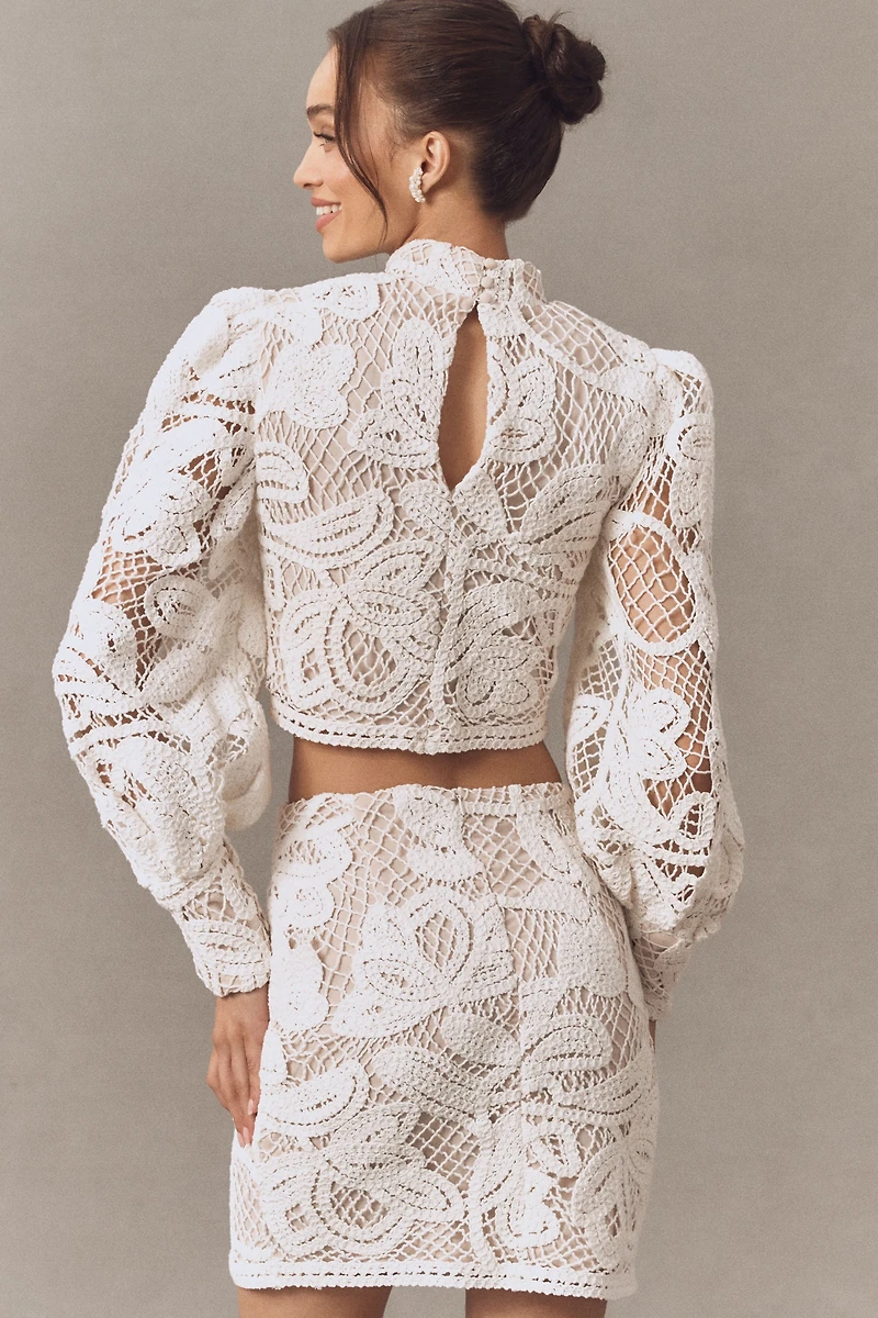 Elliatt Kyra Crochet Balloon-Sleeve Top & Mini Skirt Set
