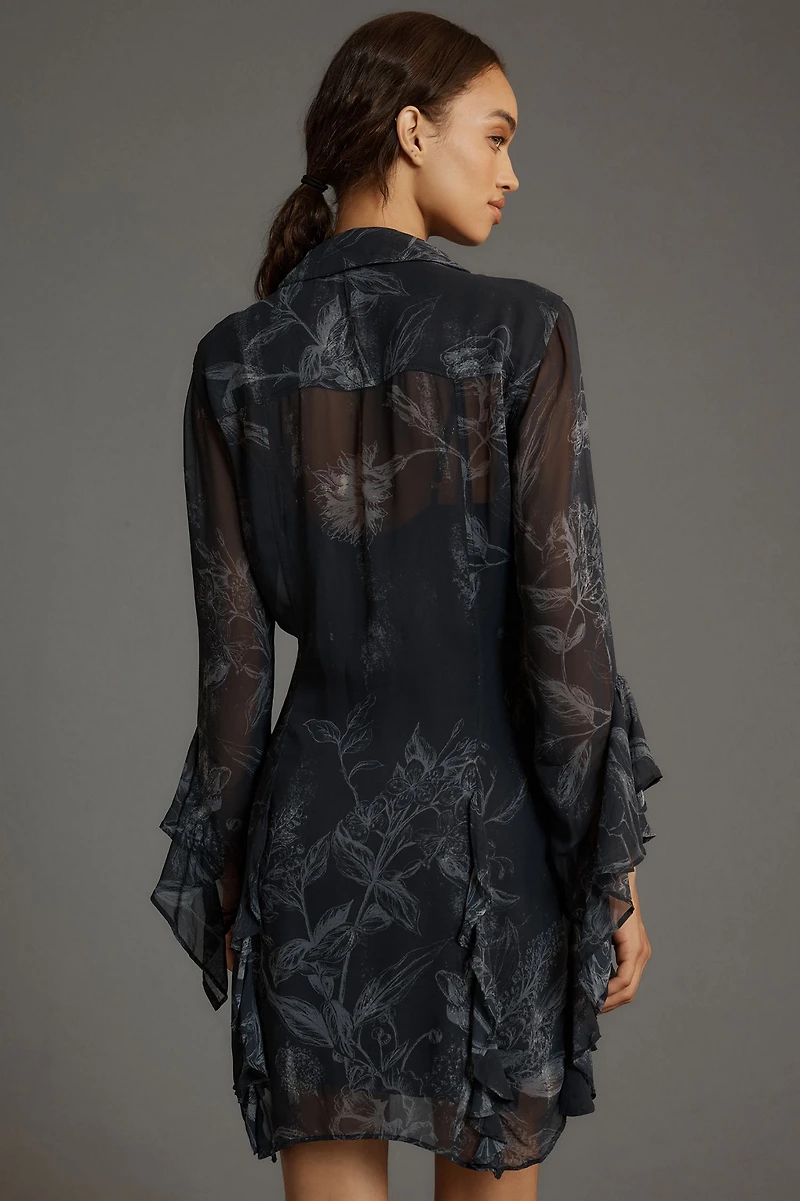 Long-Sleeve V-Neck Sheer Mini Dress