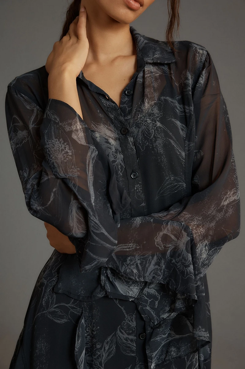 Long-Sleeve V-Neck Sheer Mini Dress